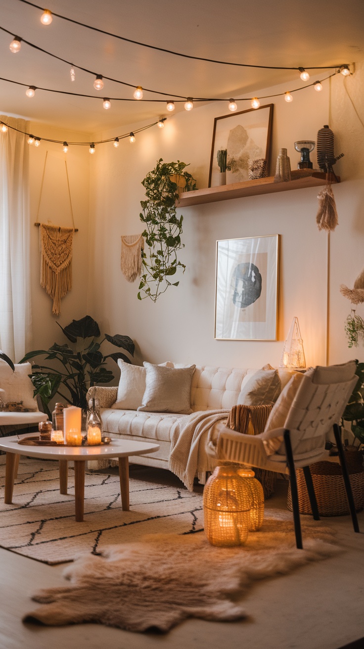 Cozy Boho chic living room with ambient lighting, including string lights and candles.