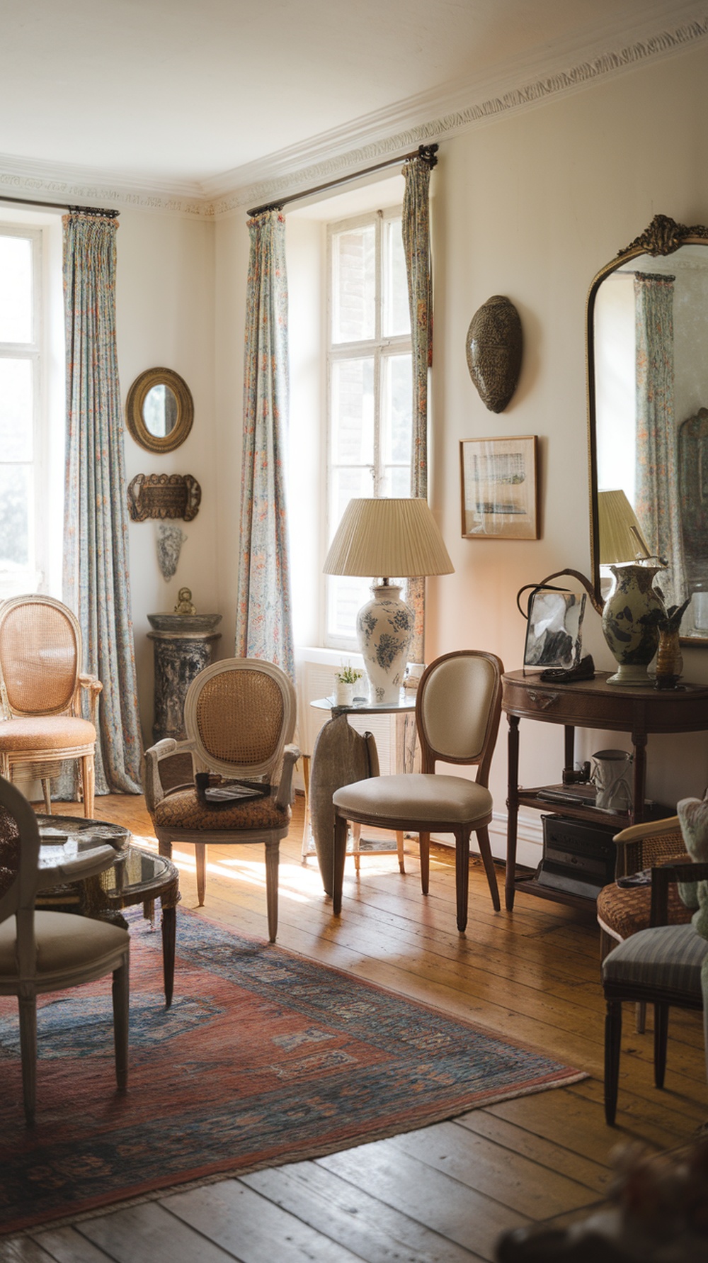 A cozy French country living room with antique decor, featuring rattan chairs, patterned curtains, and a decorative lamp.