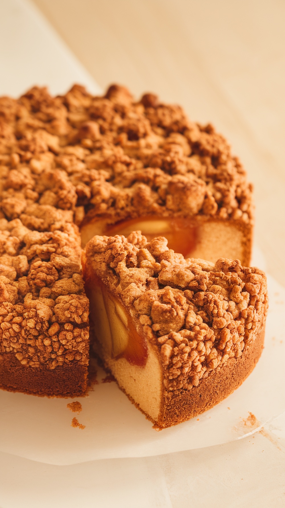 A slice of apple cinnamon crumble cake with a golden crumb topping and visible apple pieces.