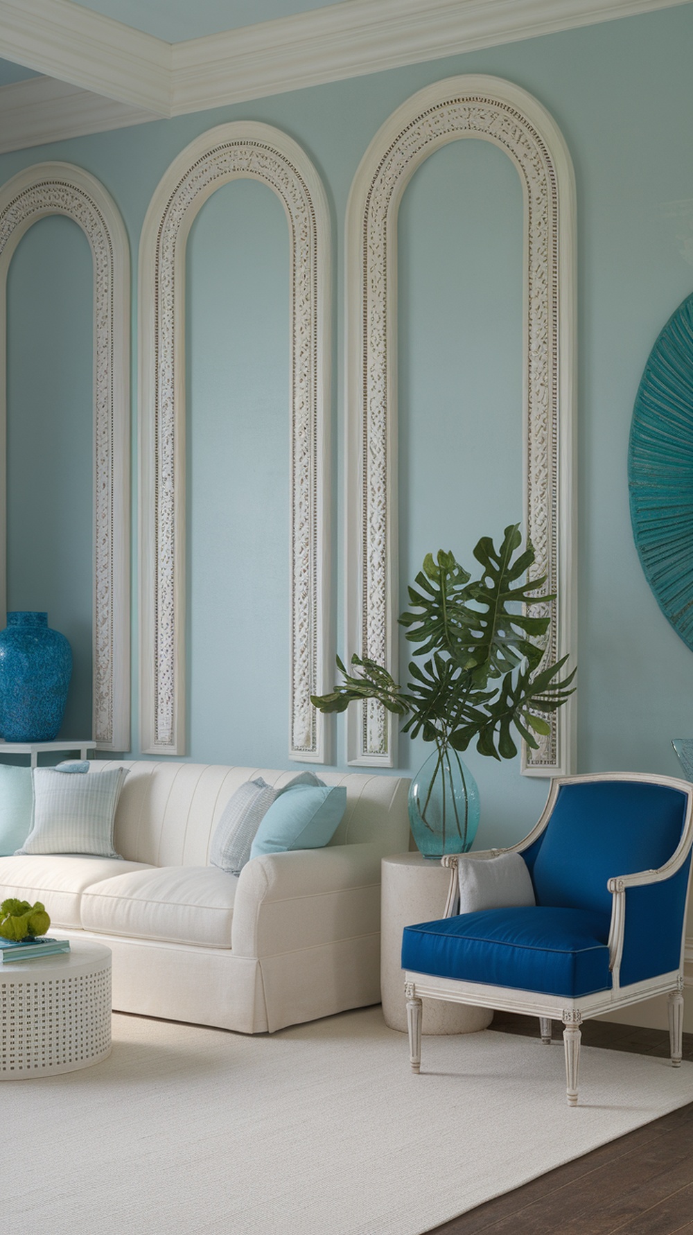 A modern coastal living room featuring an aquatic color palette with blue walls, a white couch, and vibrant blue accents.