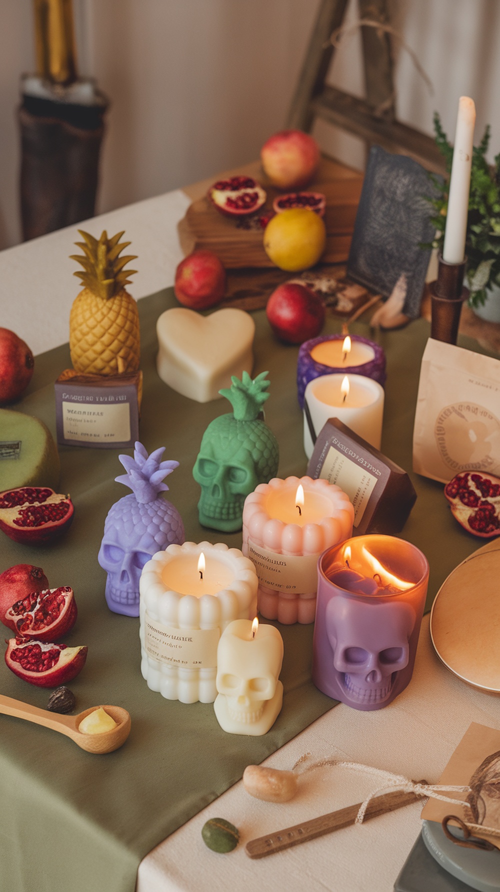 Colorful scented candles displayed on a table with fruits and decorative items.