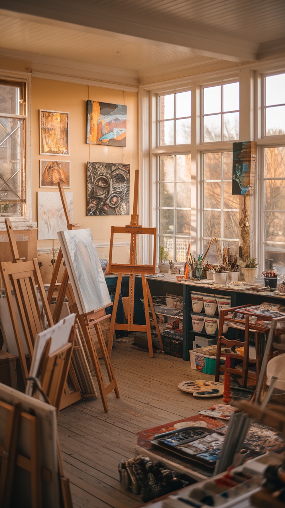 A bright art studio with easels, canvases, and various artworks on display, filled with natural light from large windows.