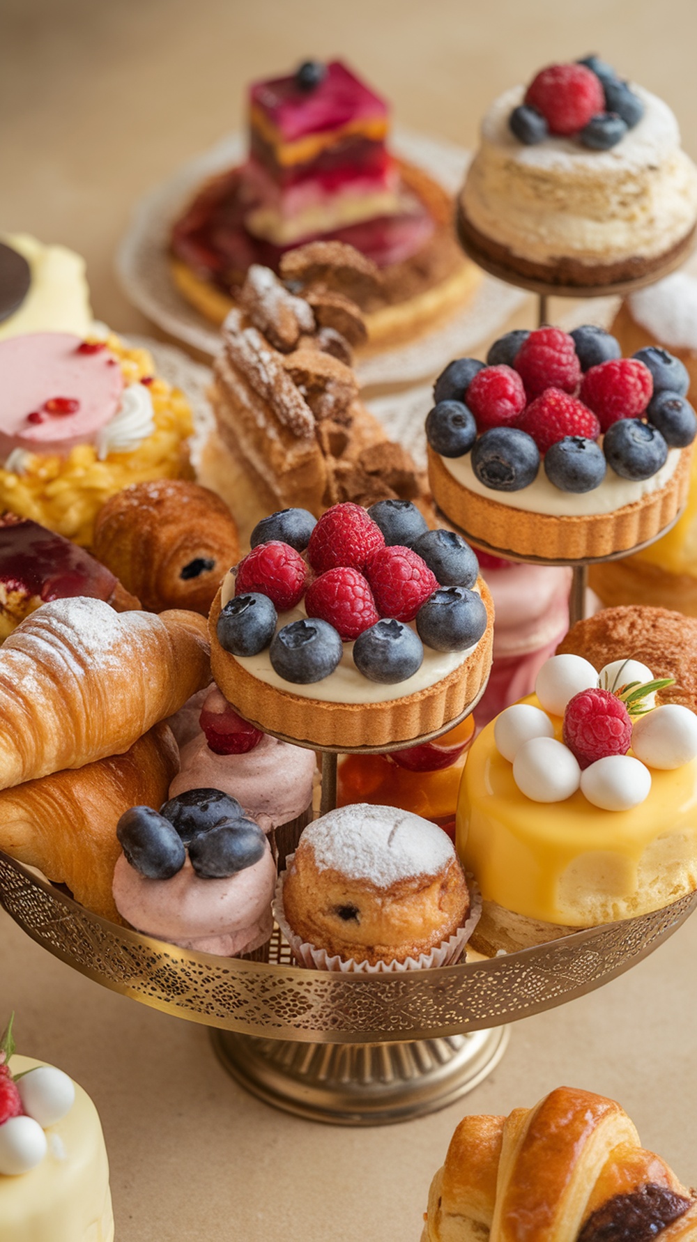 A variety of colorful pastries and tarts arranged on a tiered stand, featuring croissants, fruit tarts with berries, and chocolate desserts.