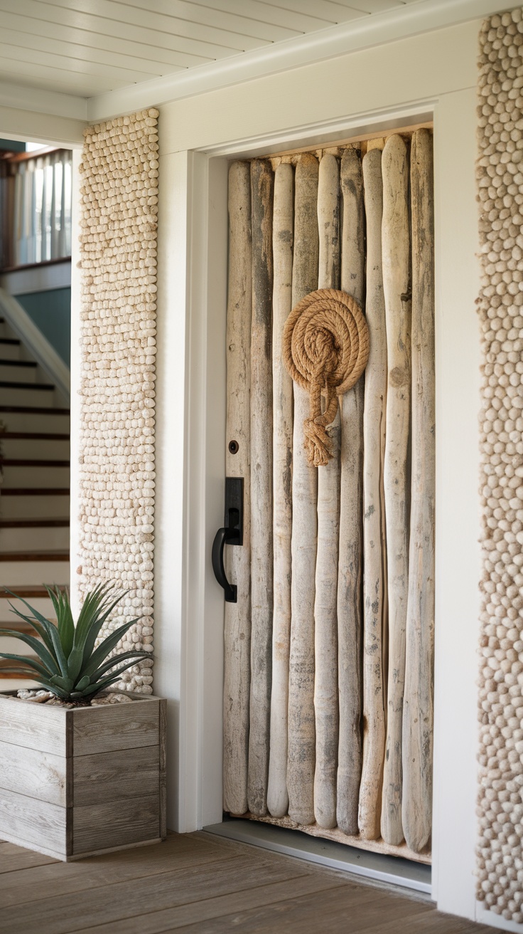 Artistic front entryway of a beach house featuring a driftwood door and textured wall.