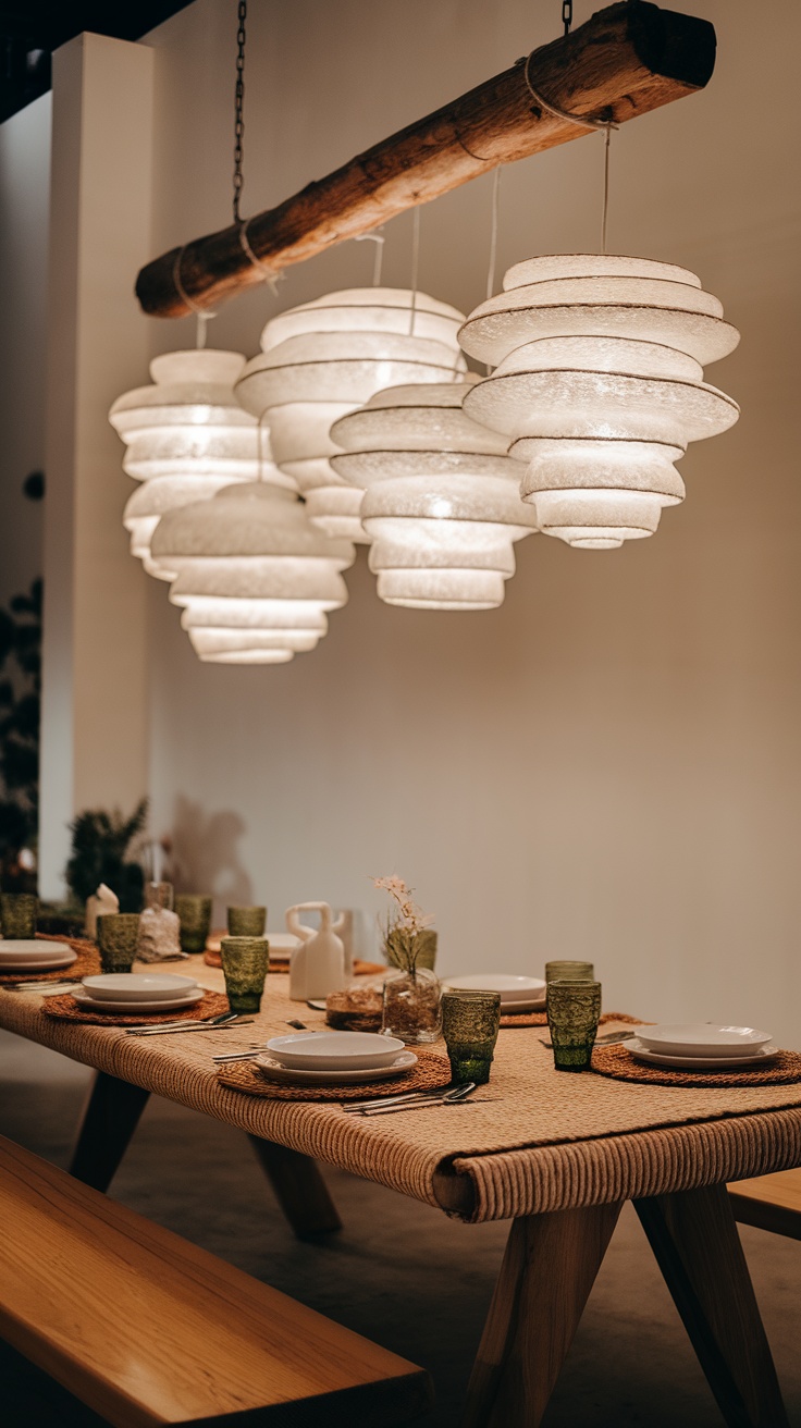 Artistic lighting fixtures above a dining table.