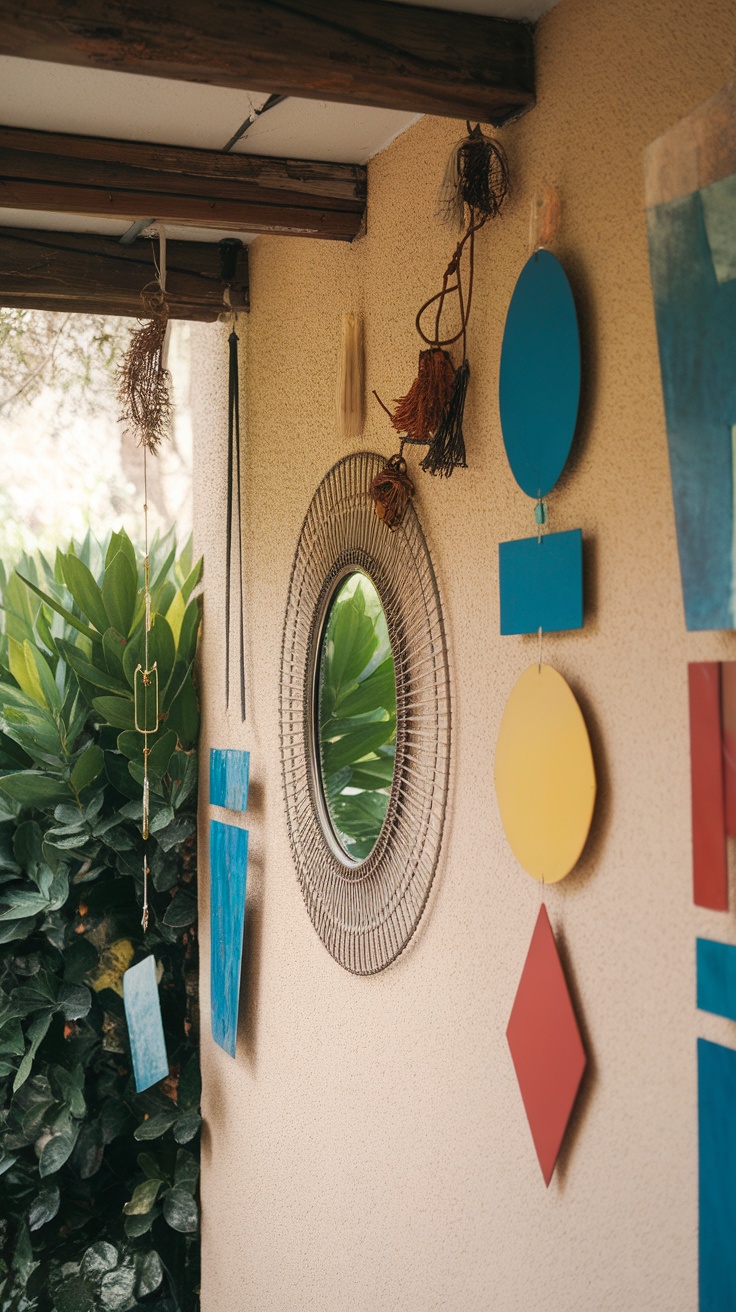 A patio wall decorated with colorful geometric shapes, a round mirror, and hanging natural elements.