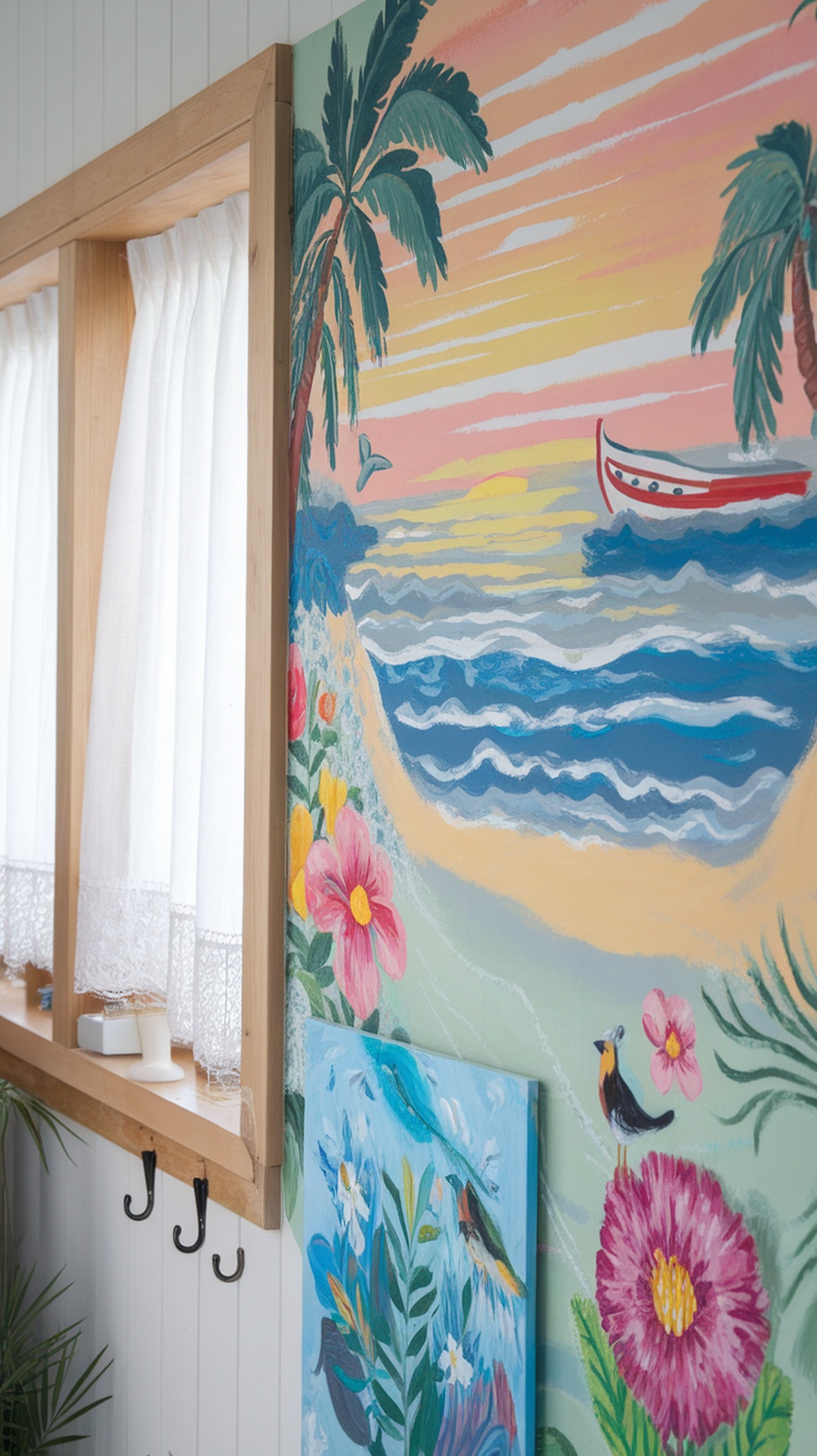 A colorful mural depicting palm trees, ocean waves, and flowers in a beach house interior.