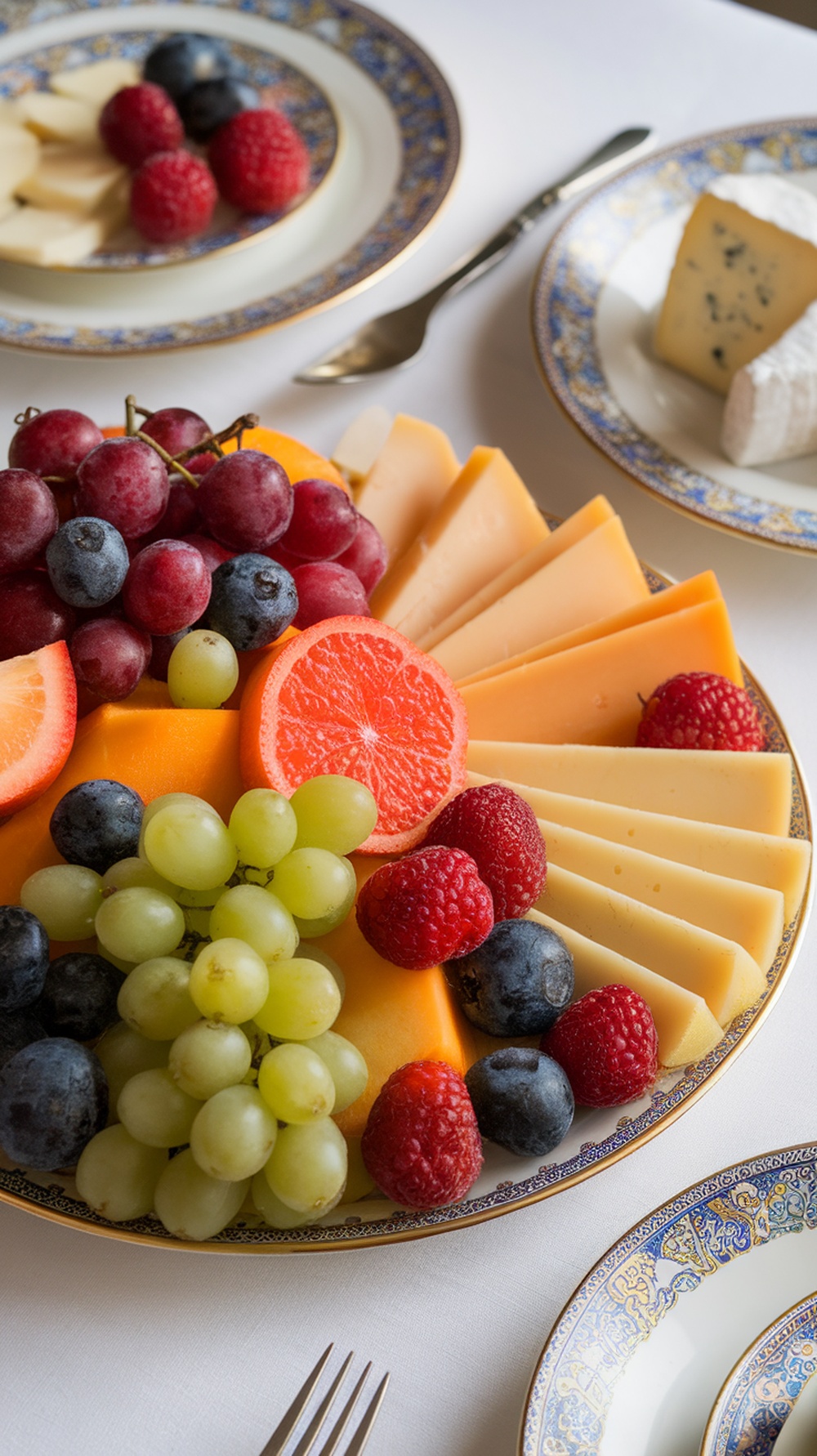 An elegant assorted fruit and cheese platter featuring grapes, raspberries, blueberries, oranges, and various types of cheese arranged beautifully on a fine china plate.