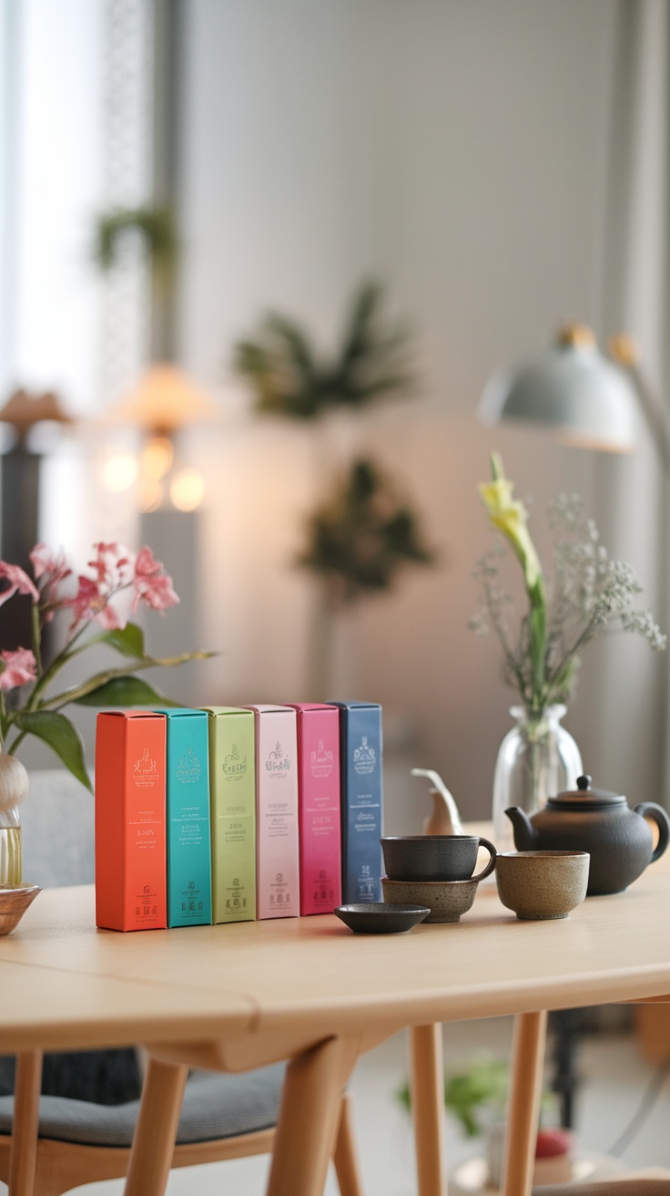 A table set with colorful tea boxes and tea cups for a bridal shower tea party.