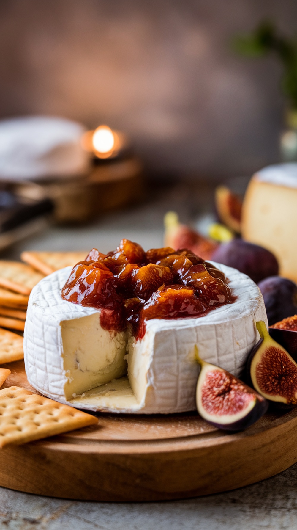 A round of baked Brie topped with fig jam, surrounded by crackers and fresh figs.