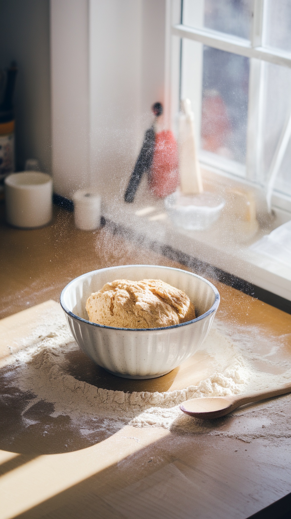 A bowl of dough surrounded by flour on a wooden countertop with sunlight streaming in through a window.