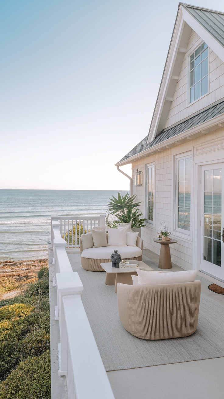 A beach house balcony with comfortable seating overlooking the ocean.