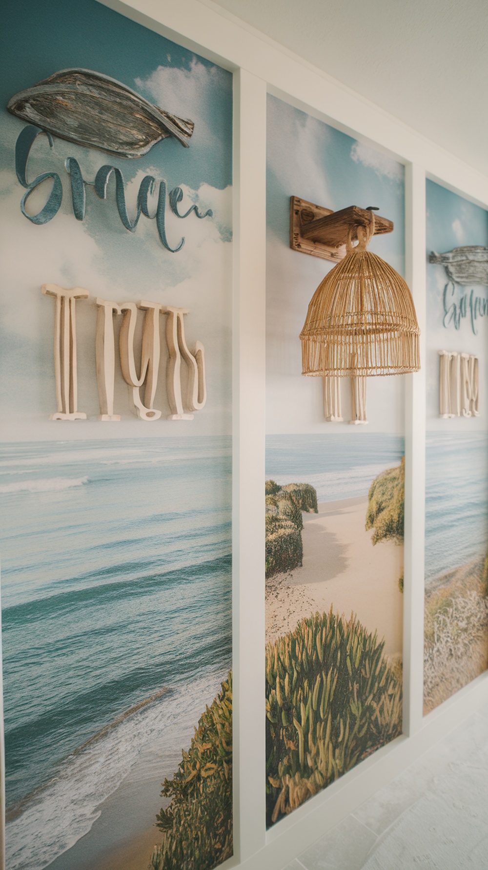 Beach-inspired wall art featuring ocean waves, sandy shore, and rustic wooden decor.