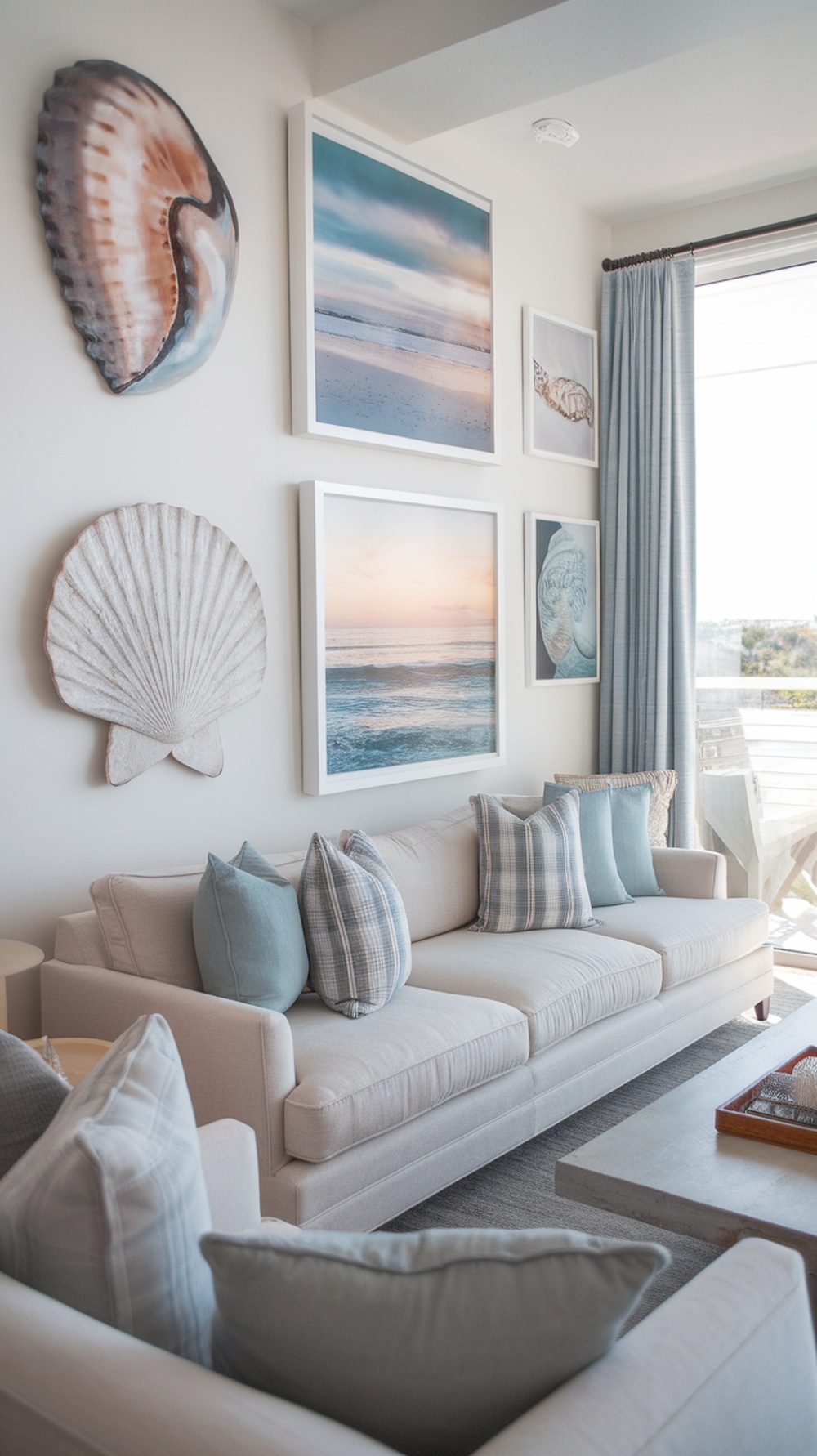 Beach-inspired wall art in a modern coastal living room, featuring framed photos of beaches and a large shell sculpture.