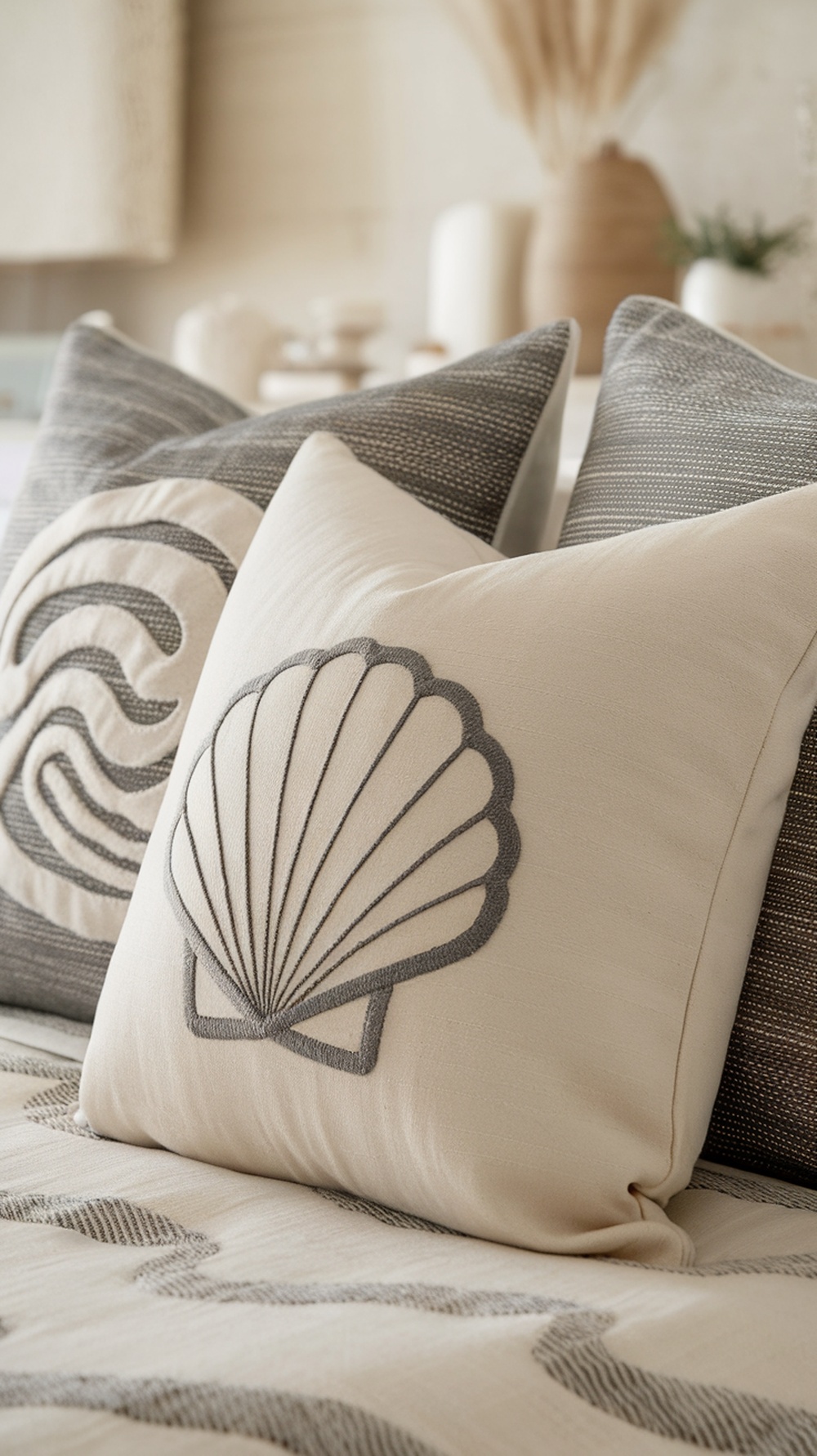 Decorative beach-themed pillows featuring a shell design and soft textures