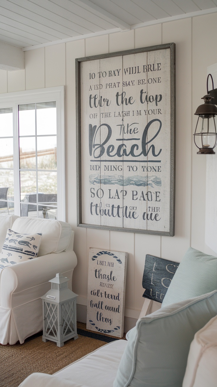 A cozy beach-themed interior with wall quotes and decor that evokes a sense of calm and seaside inspiration.