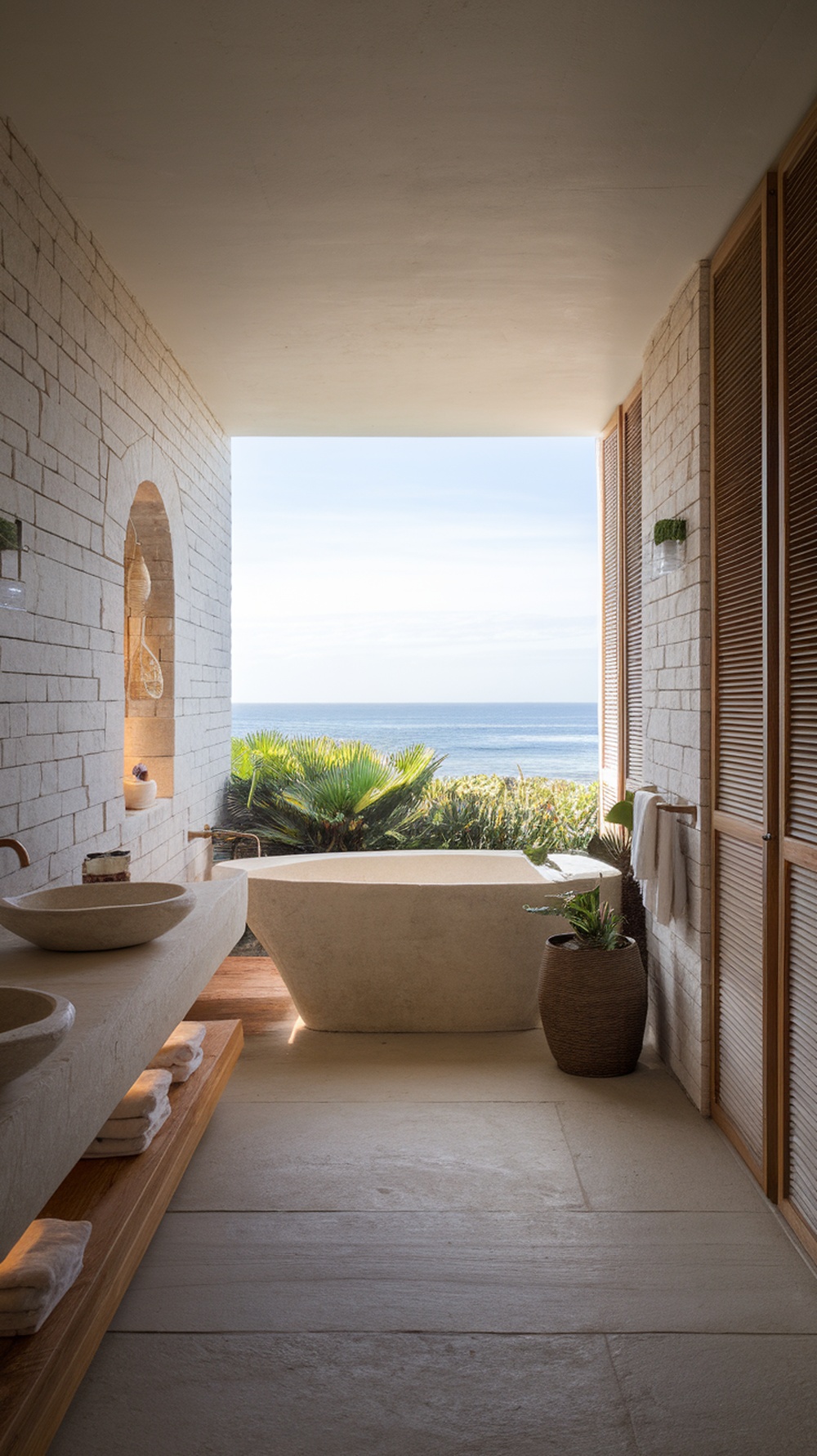 A serene beach-themed bathroom with ocean views, featuring a soaking tub, natural stone sinks, and wooden accents.
