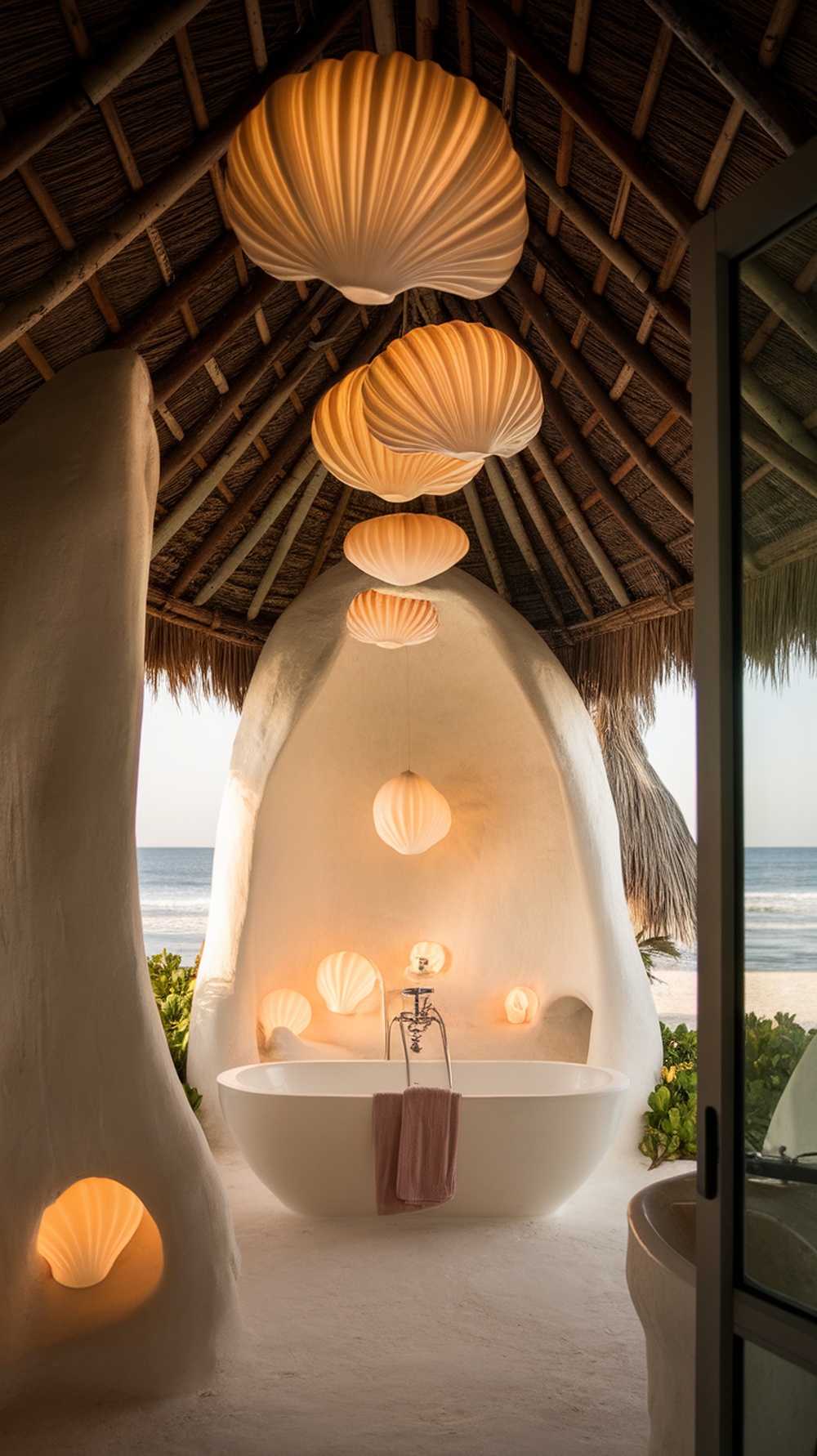 Beachy bathroom with shell-shaped lighting fixtures and a view of the sea