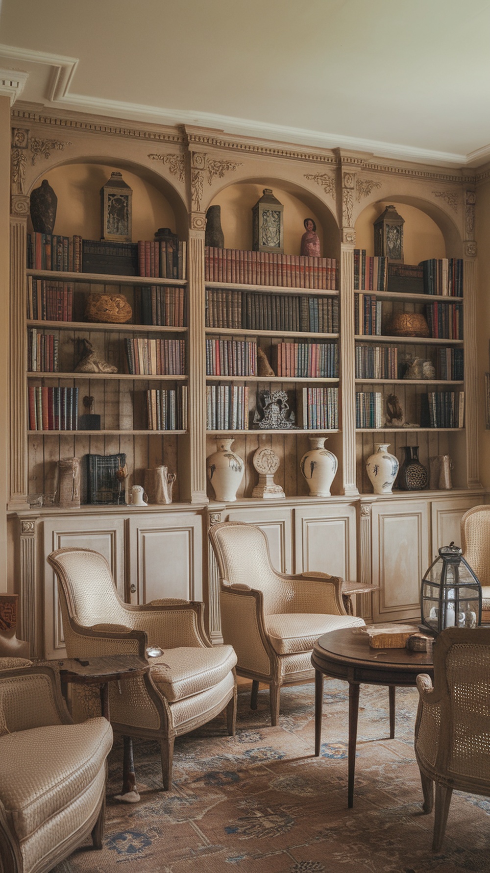 A beautifully decorated bookcase with shelves filled with colorful books and elegant decorative items.
