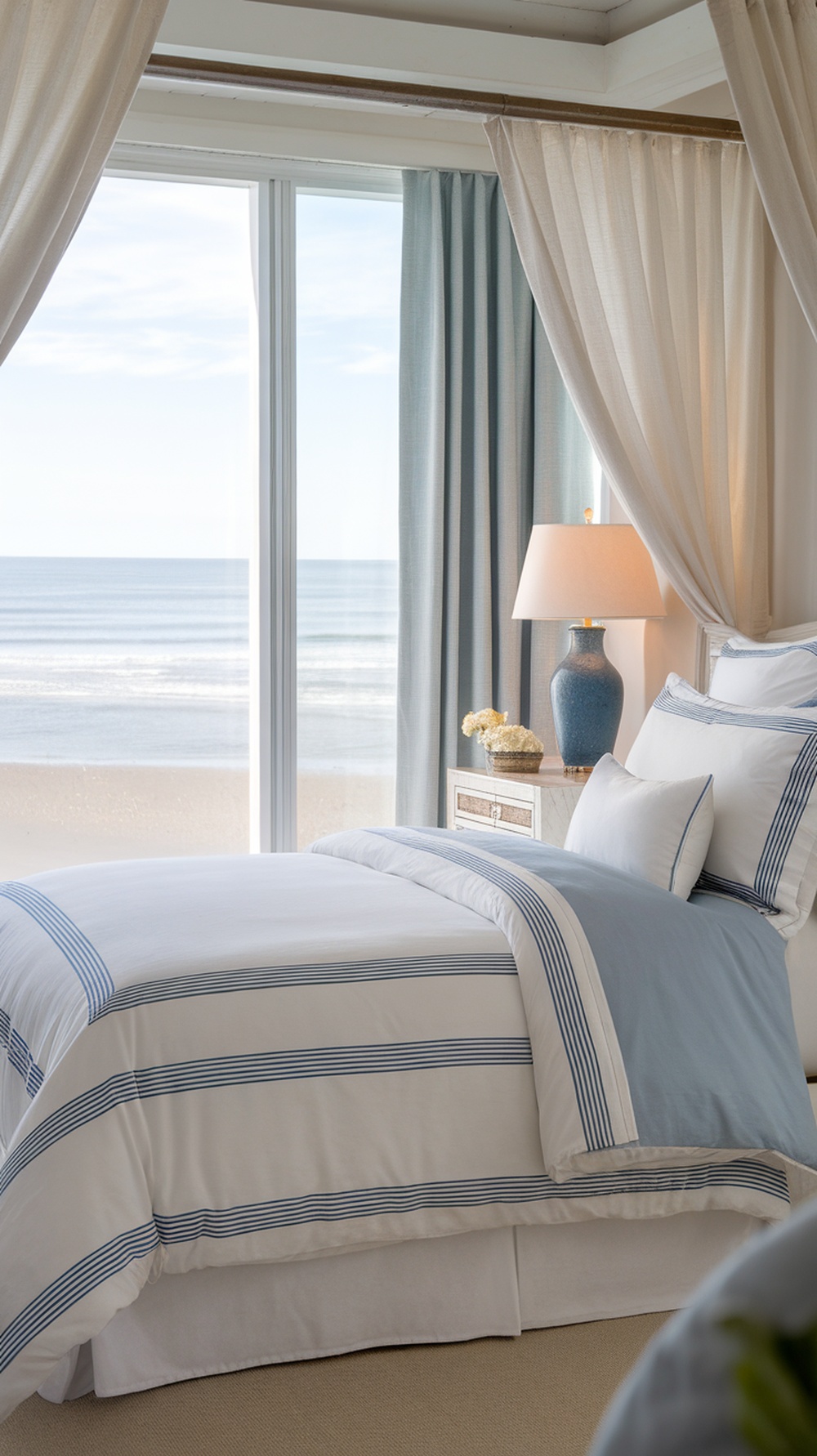 A serene coastal bedroom with light blue and white striped bedding, large windows overlooking the beach, and soft curtains.