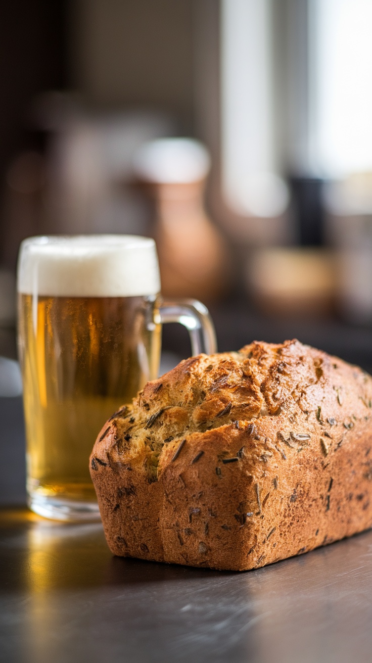 A loaf of beer bread next to a glass of beer, showcasing a golden crust with herbs.