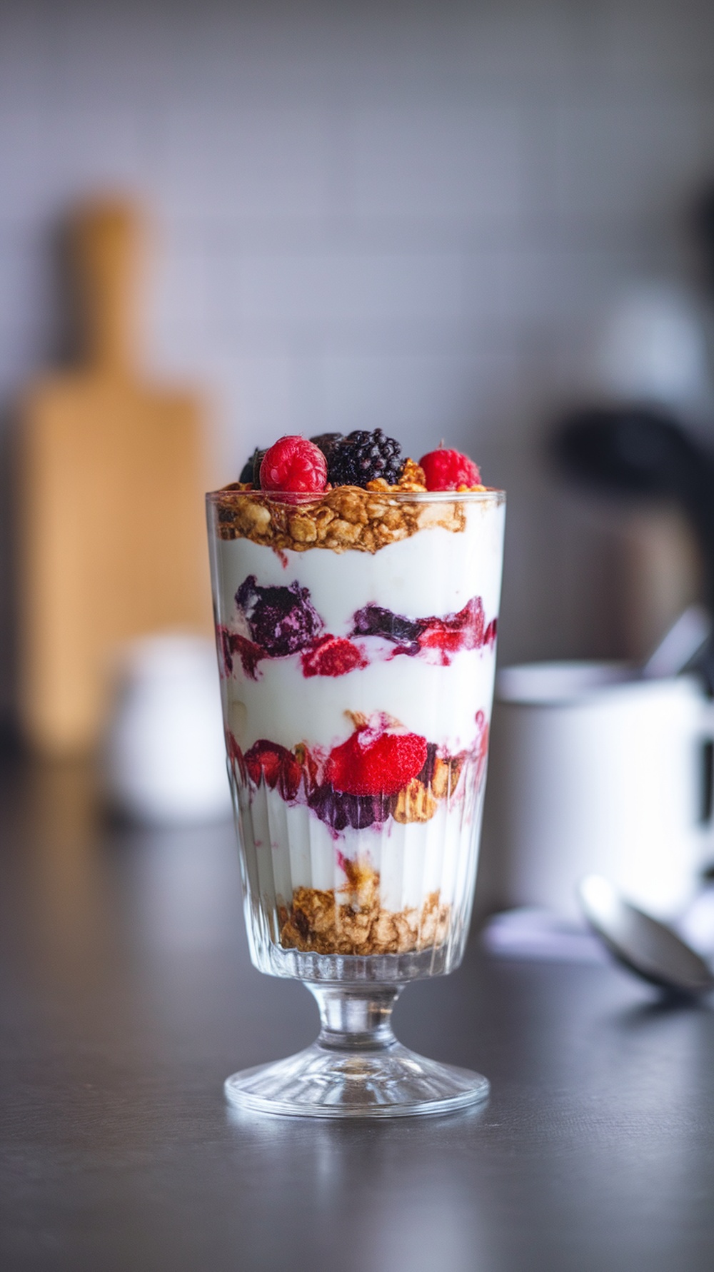 Delicious berry and yogurt parfait in a glass with layers of yogurt, granola, and fresh berries.