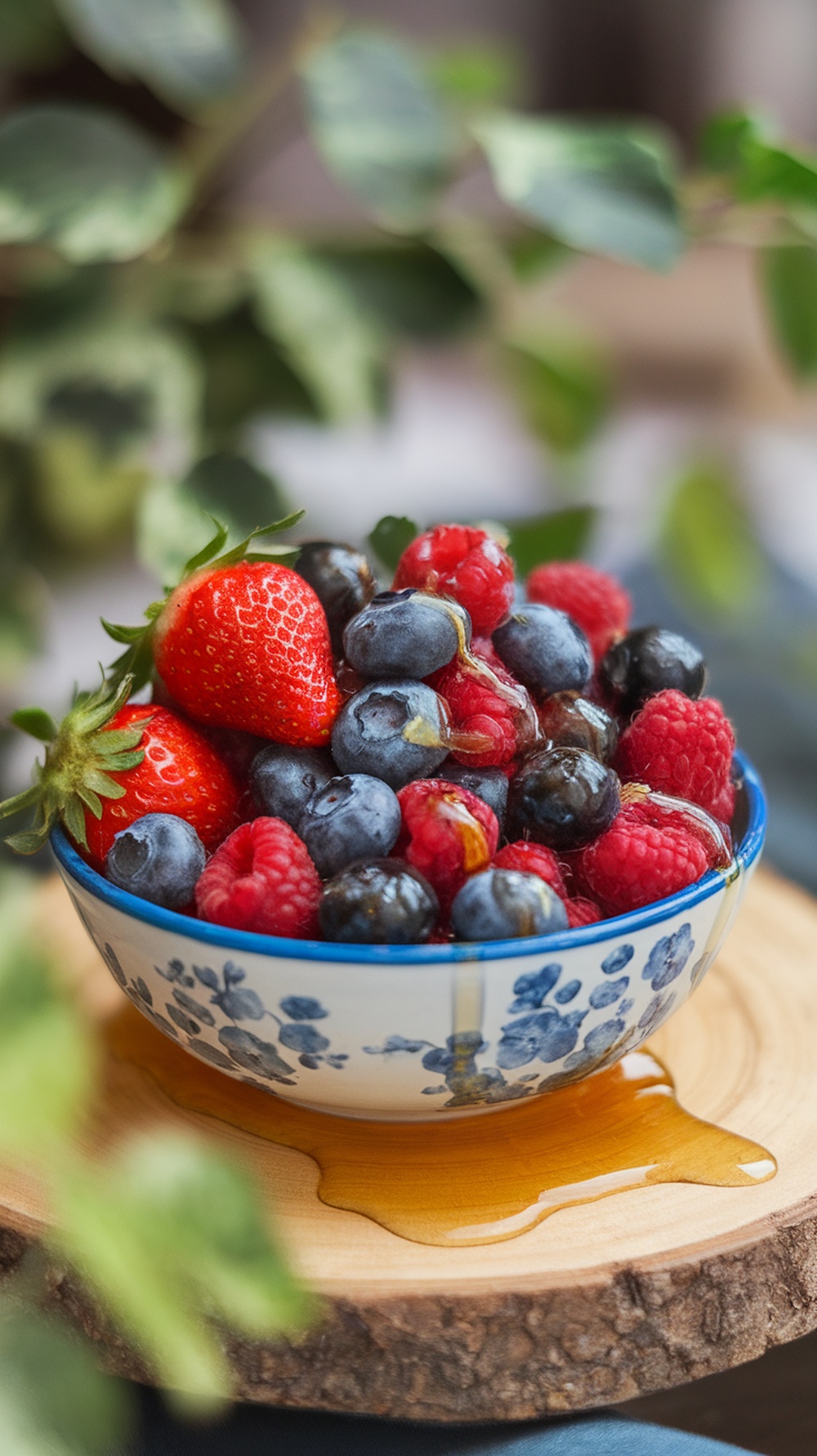 A colorful bowl of strawberries, blueberries, and raspberries drizzled with honey on a wooden surface