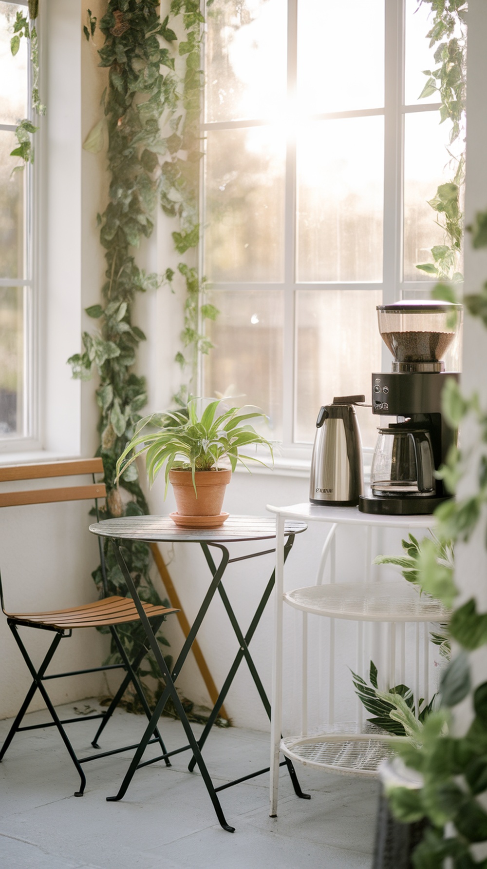 A cozy sunroom coffee corner with a small table, chairs, plant, and coffee maker