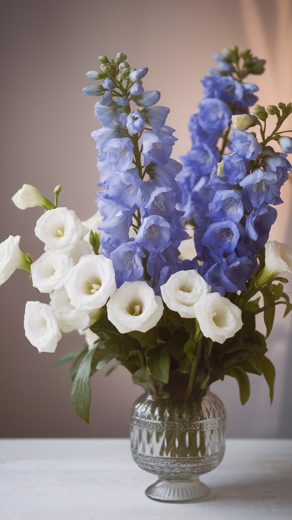 A bouquet featuring blue delphiniums and white lisianthus in a decorative vase.