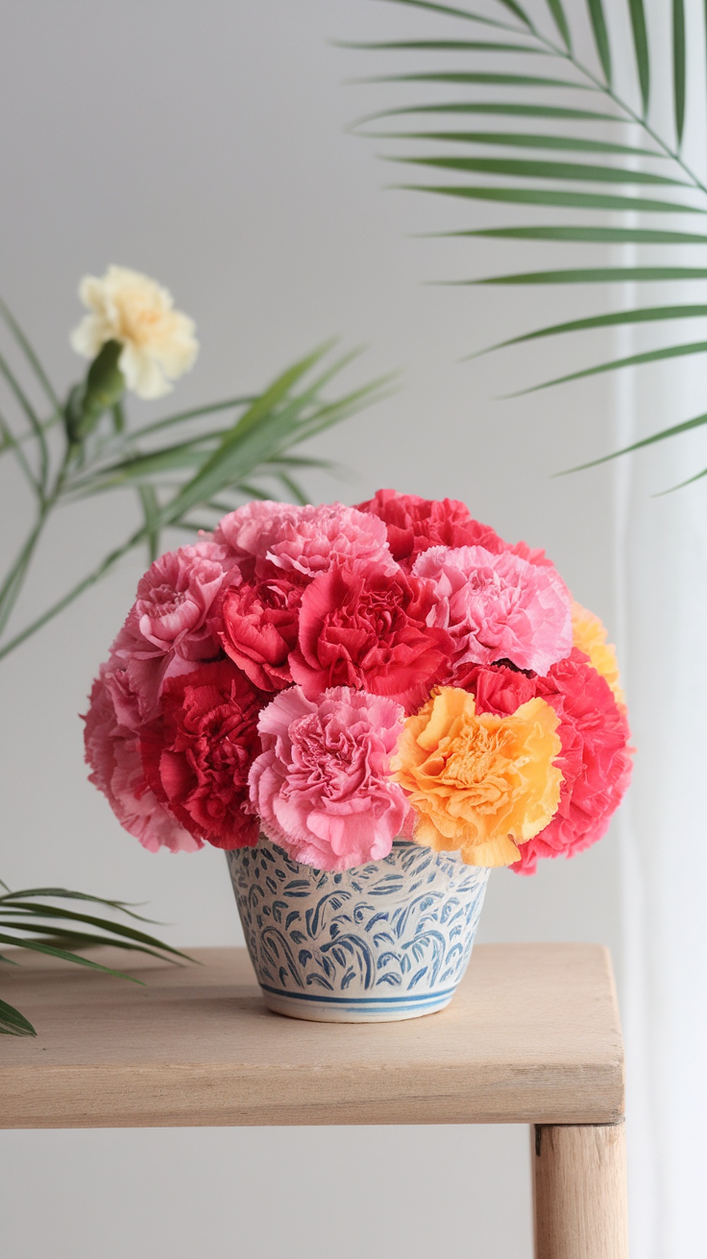 A vibrant bouquet of pink, red, and yellow carnations in a decorative pot, surrounded by palm leaves.