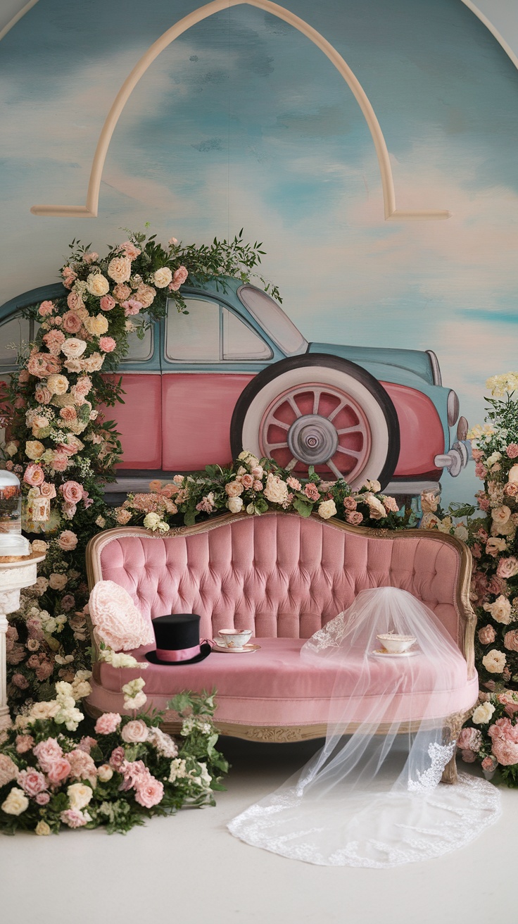 A charming photo booth setup for a bridal shower featuring a pink vintage couch, floral arrangements, and a whimsical car backdrop.