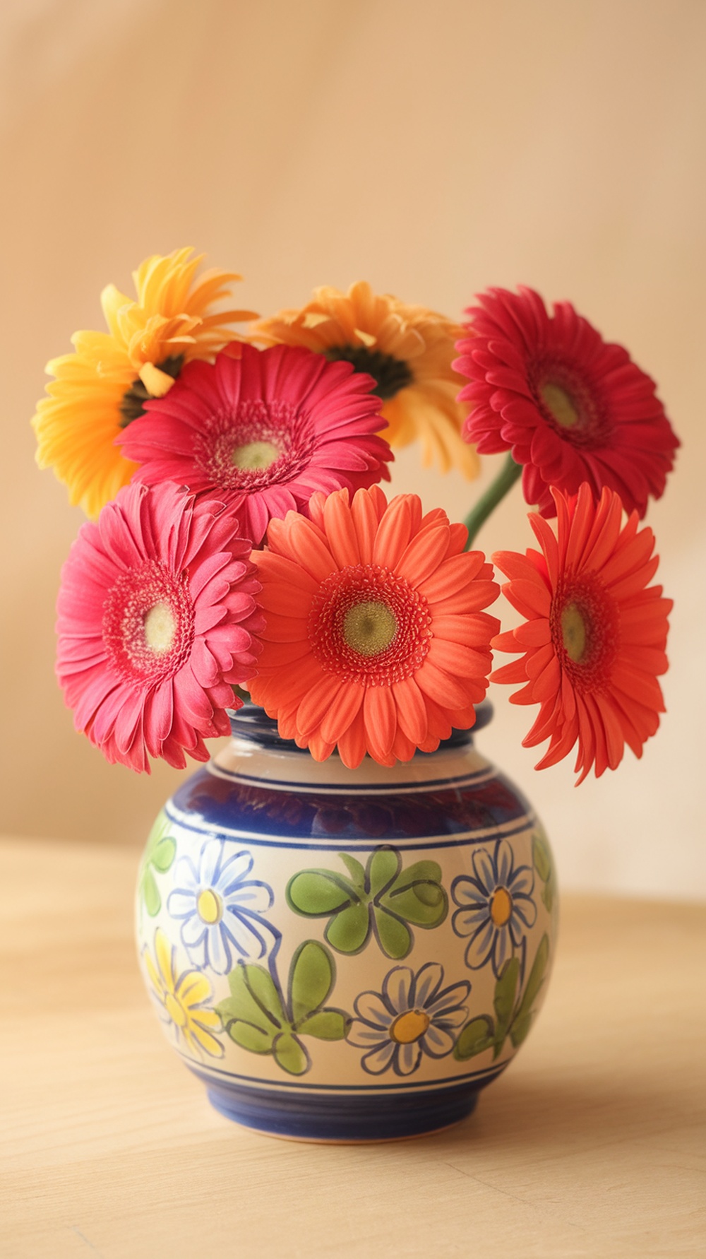 A colorful bouquet of gerbera daisies in shades of pink, orange, and yellow, arranged in a decorative vase with floral patterns.