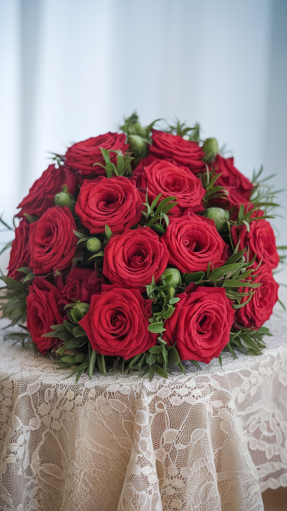 A bouquet of bright red roses surrounded by green foliage on a lace tablecloth.