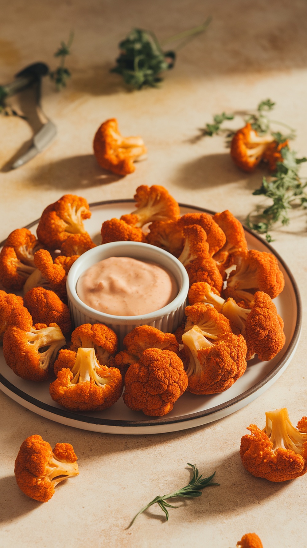Plate of buffalo cauliflower bites with a creamy dipping sauce
