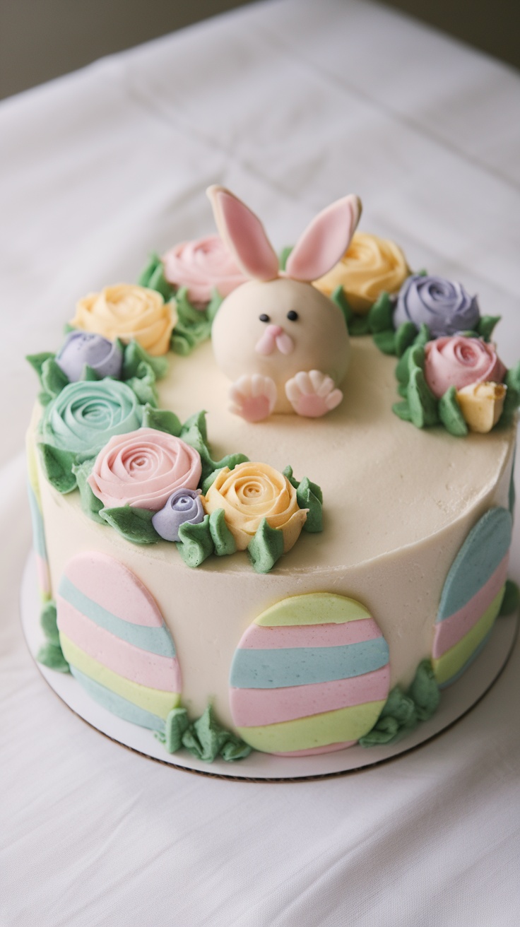 A cake decorated with a bunny and colorful flowers, featuring pastel egg designs on the sides.