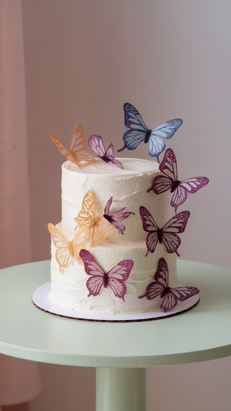 A two-tiered cake decorated with colorful sugar butterflies against a soft background.