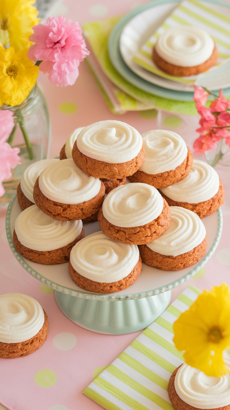 A plate of carrot cake cookies with cream cheese frosting, surrounded by flowers on a pink tablecloth.