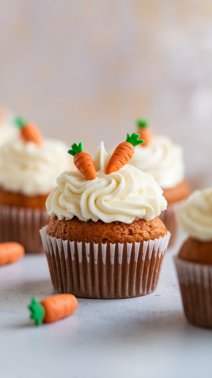 Carrot cake cupcakes with cream cheese frosting and fondant carrots on top.