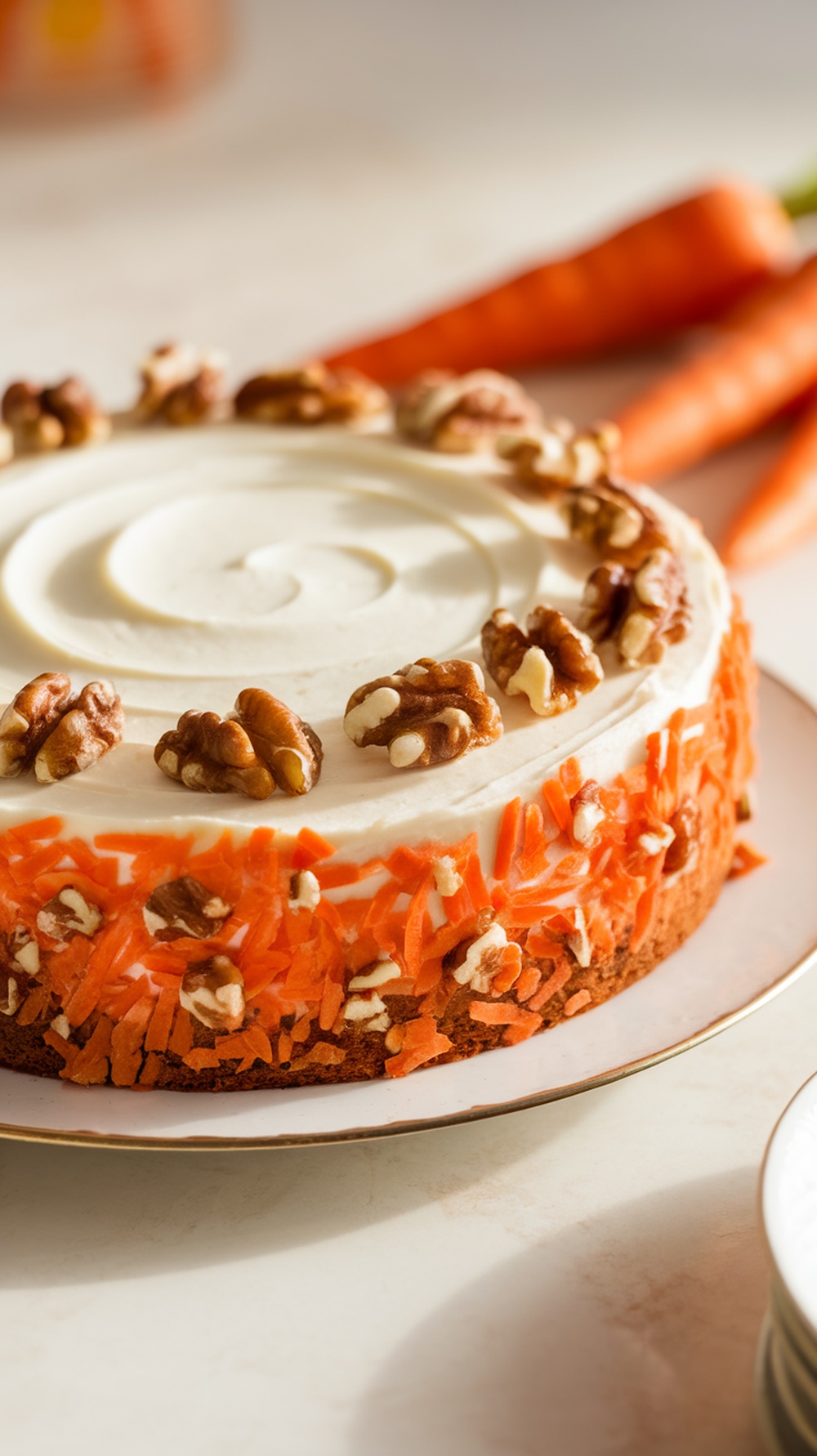 A delicious carrot cake with cream cheese frosting, topped with walnuts and surrounded by fresh carrots.