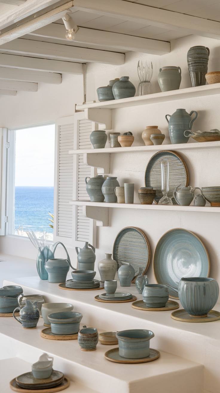 A collection of ceramic and glassware in a white coastal kitchen, featuring various shades of blue and earth tones.