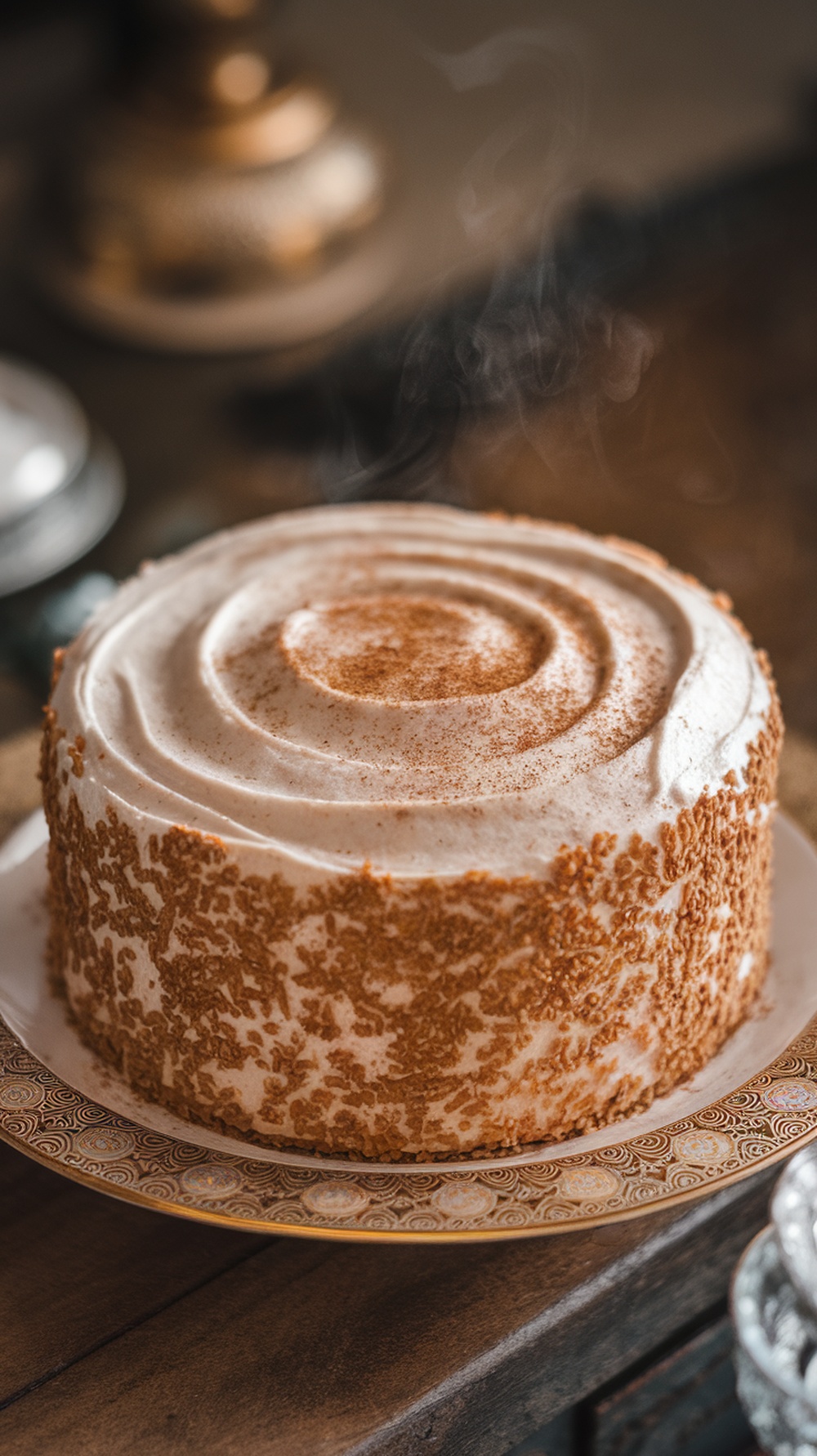 A chai spice cake with cinnamon frosting on a decorative plate, showcasing a warm and inviting design.