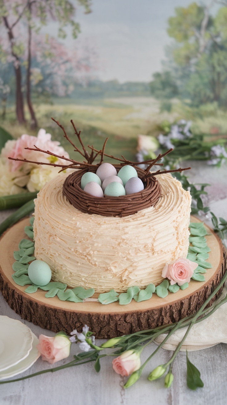 A beautifully decorated cake resembling a bird's nest, featuring pastel-colored eggs, surrounded by flowers and greenery.