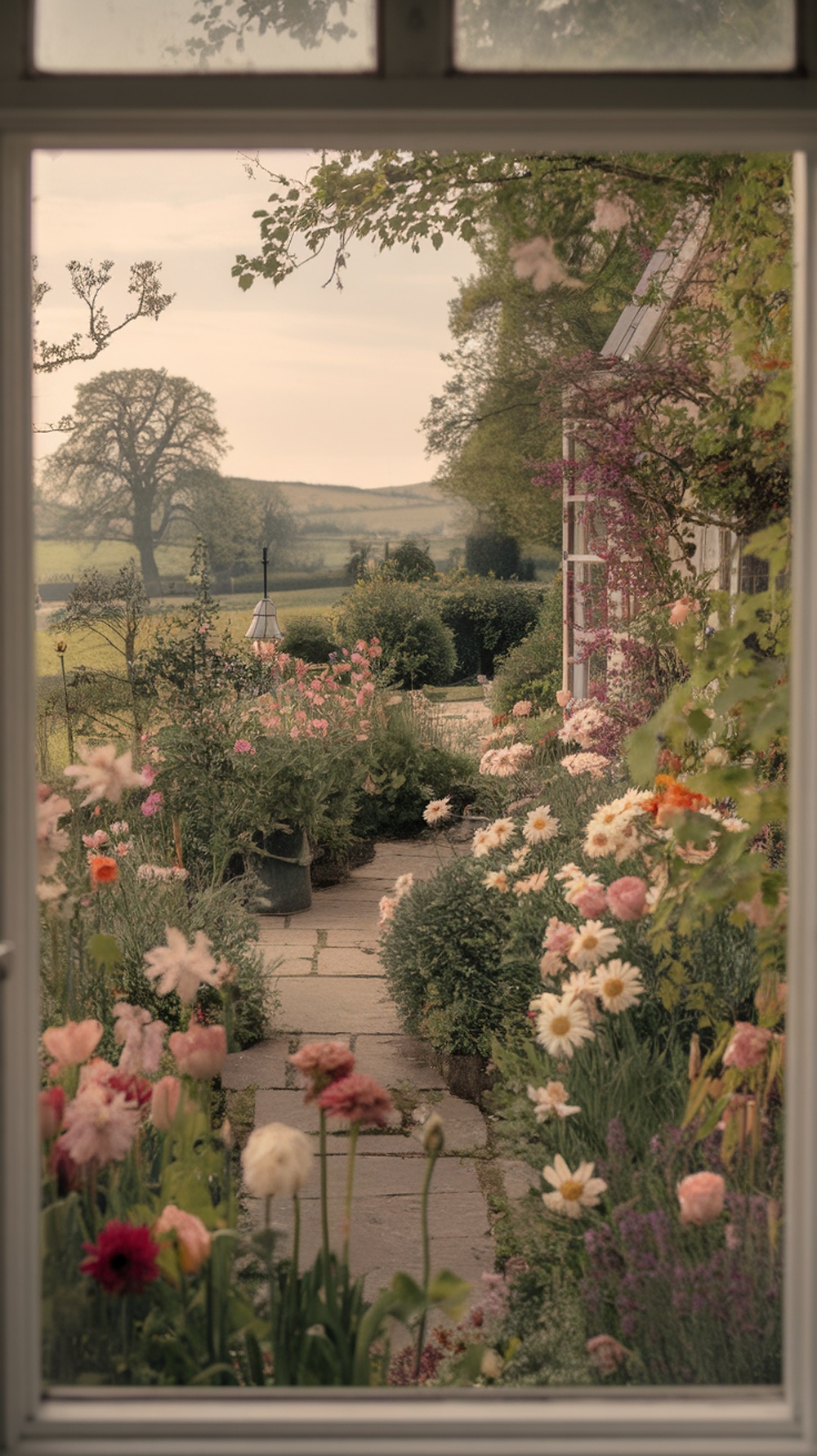 View of a charming cottage garden filled with colorful flowers and greenery.