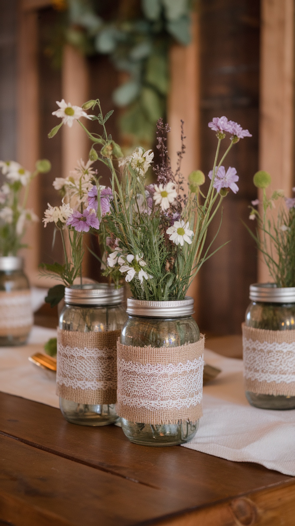 Mason jar vases decorated with burlap and lace, filled with fresh flowers, set on a wooden table.