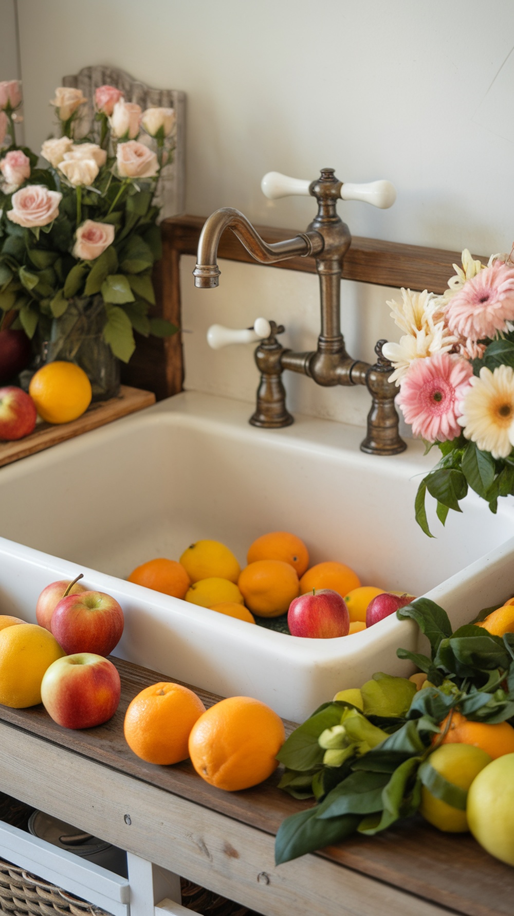 A charming farmhouse sink surrounded by fresh fruits and flowers