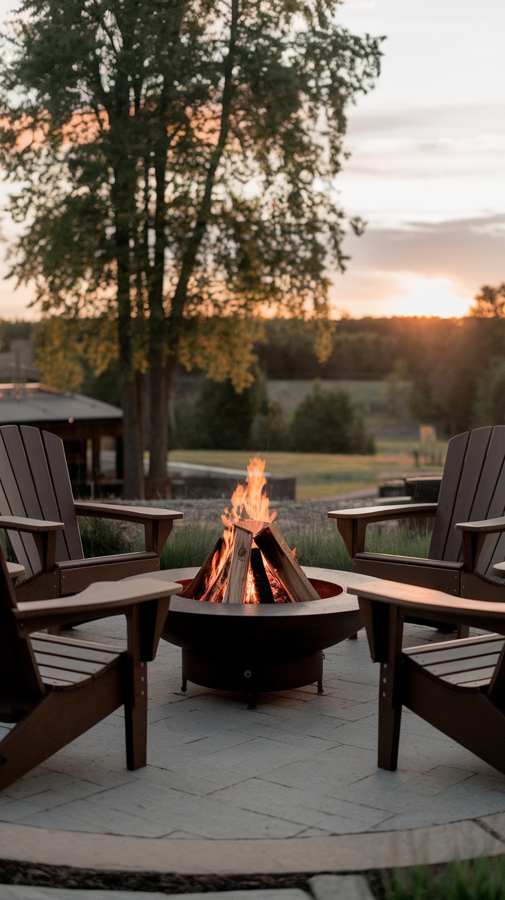 A cozy fire pit surrounded by adirondack chairs at sunset