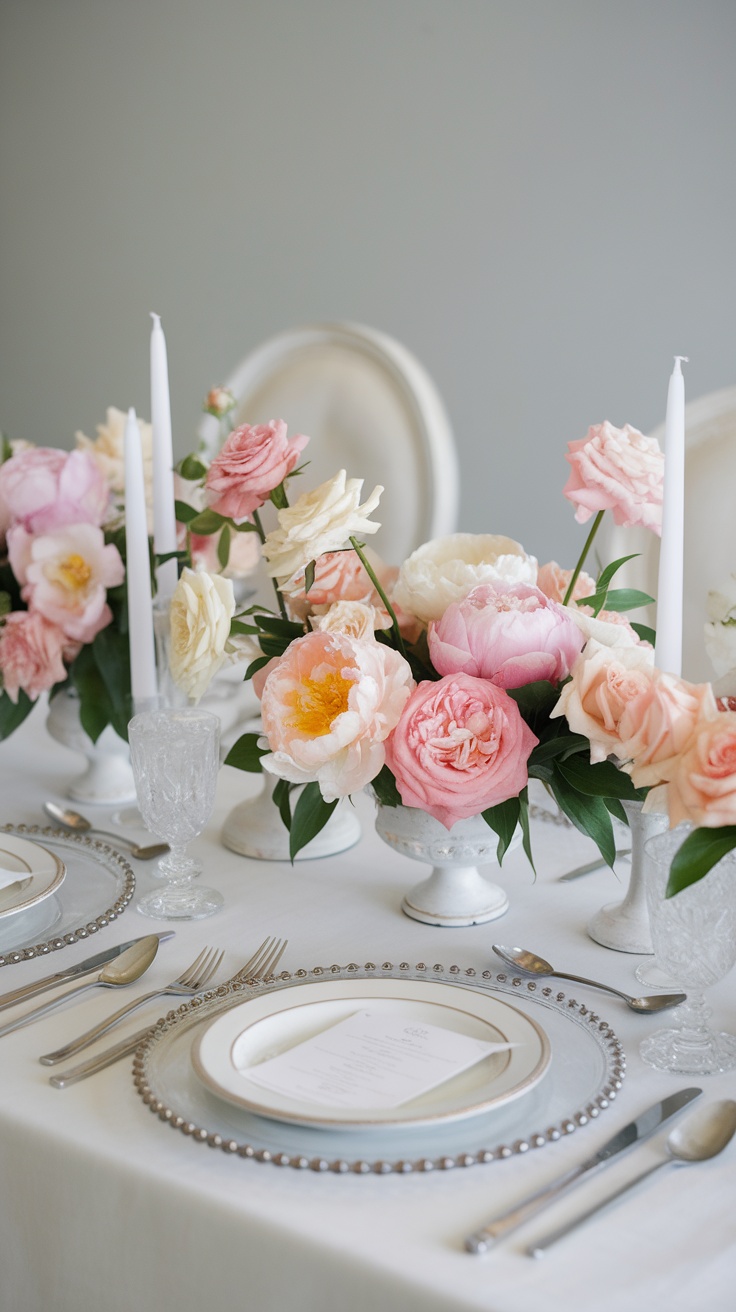 A beautifully set table featuring charming floral centerpieces with pink roses and peonies in white ceramic vases.