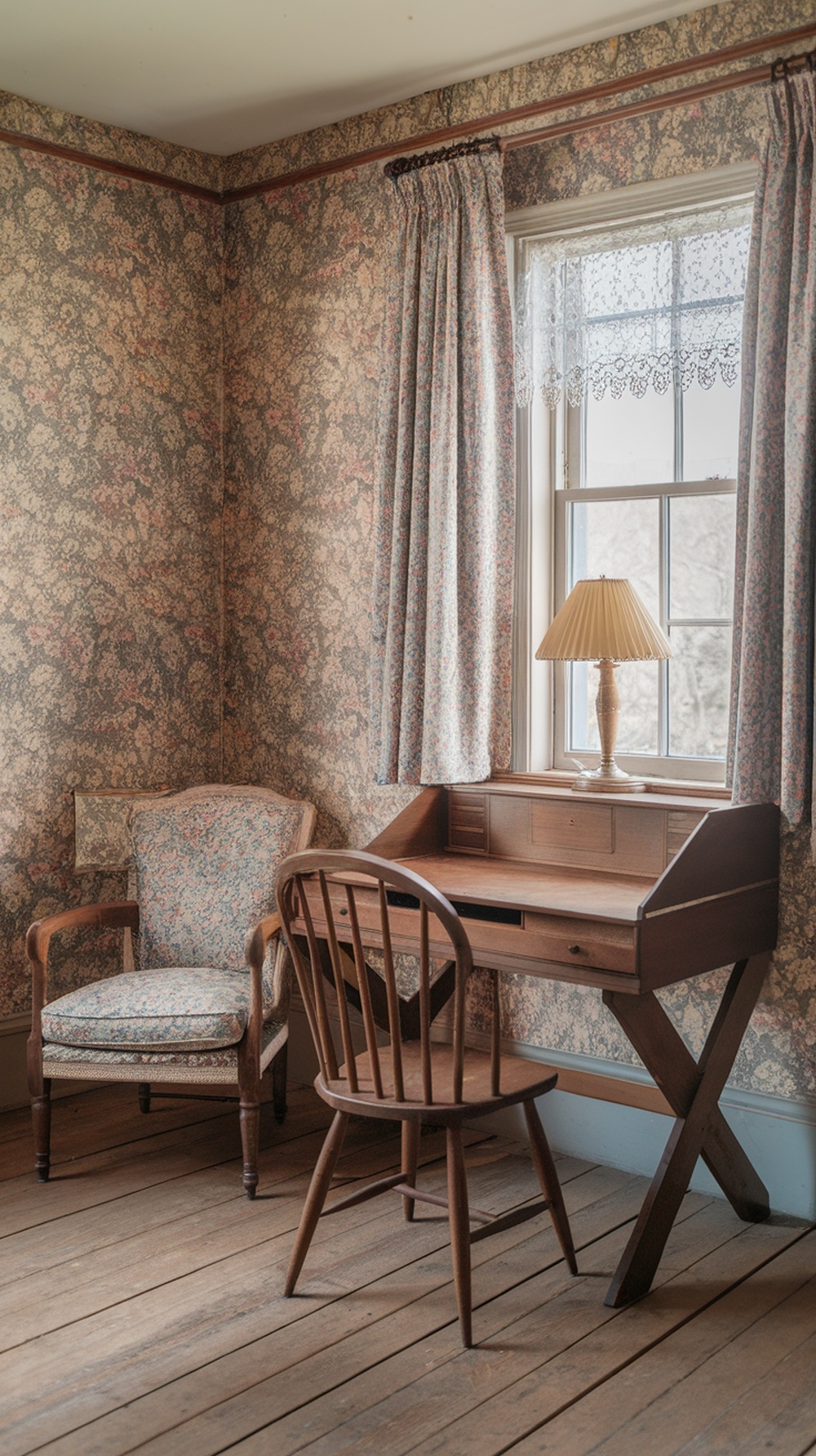 A cozy cottage interior featuring floral wallpaper, a small wooden desk, and a vintage chair.