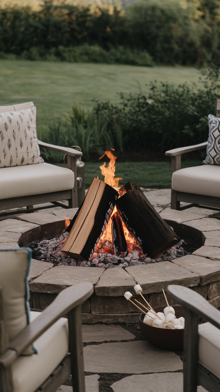 Outdoor fire pit surrounded by chairs and marshmallows on skewers