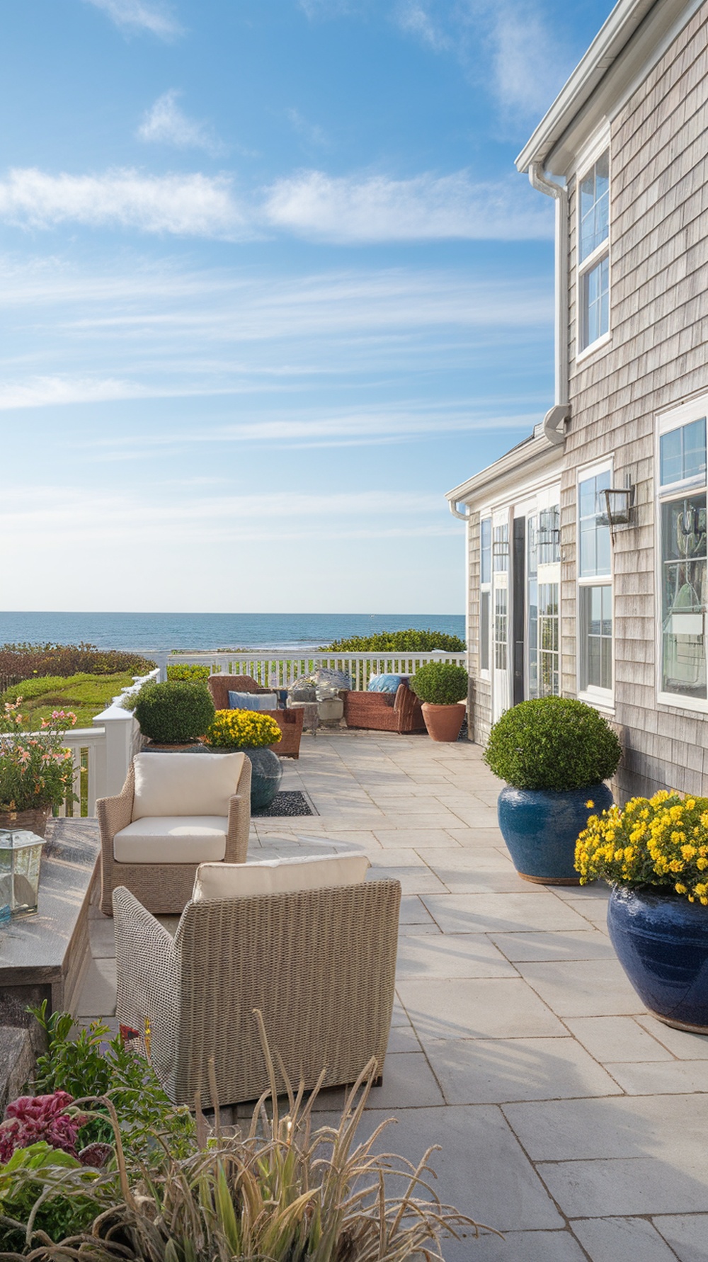 A charming outdoor space of a Nantucket style home featuring a patio with seating, flower pots, and an ocean view.